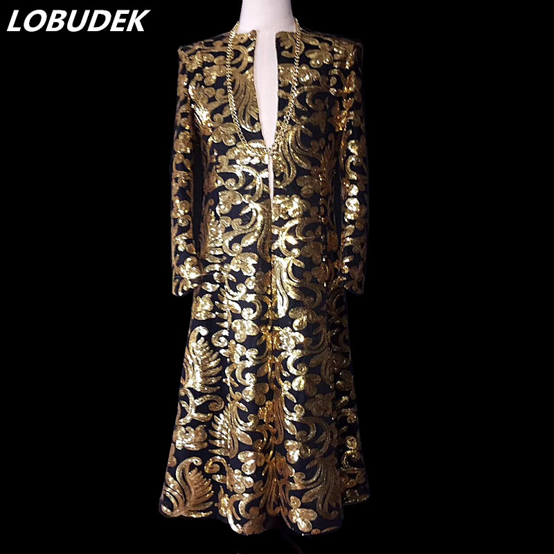 Men'S Fashion X - Gouden Pailletten Trenchcoat Mode Heren Glanzende
